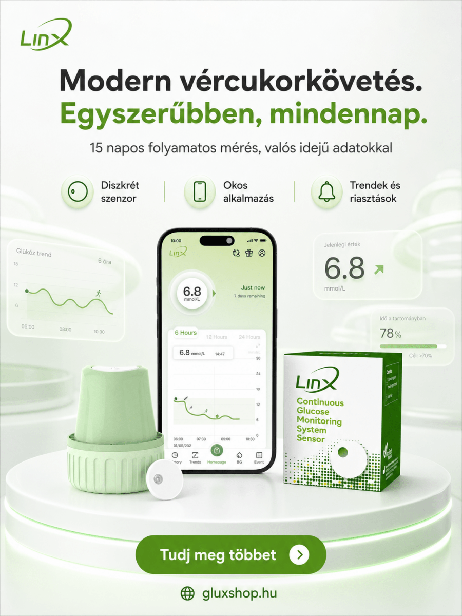[locale:hu] LinX CGM vércukormérő szenzor doboza és mobilalkalmazás – 15 napos folyamatos glükózmérés (HU)